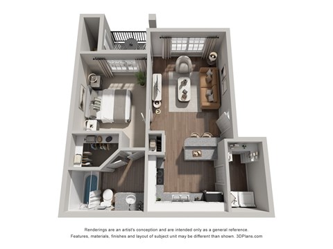 Floor plan for 1 bed, 1 bath, 659 sqft